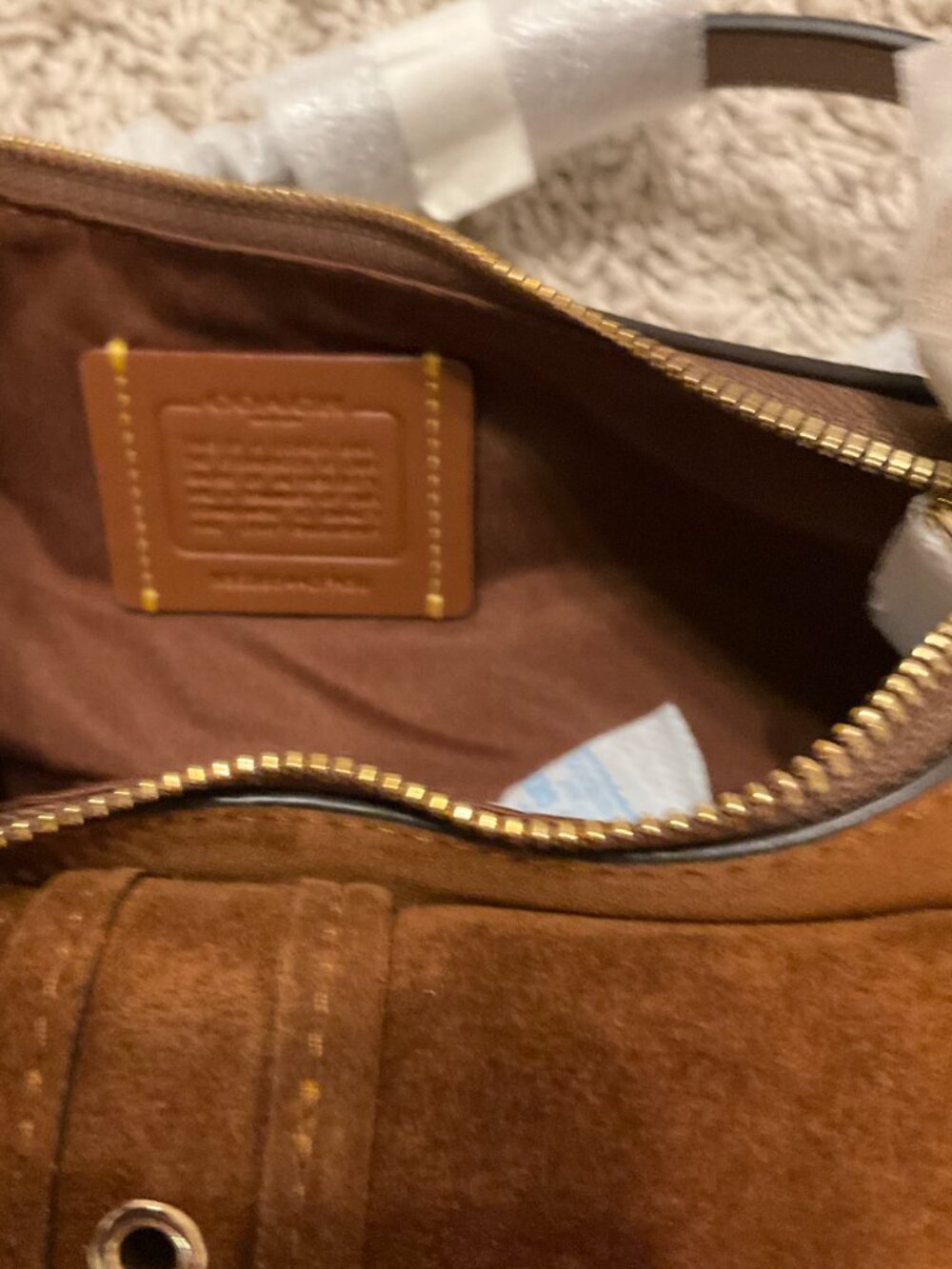 COACH ashton mini shoulder bag. suede/gold /warm brown. item # cfa50. - Picture 13 of 16